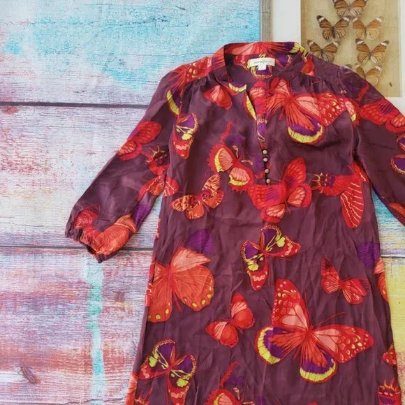 Amour Vert Red Dalila Silk Butterfly Print Tunic Shift Mini Dress M - Picture 5 of 11